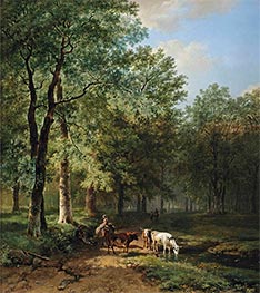 Bewaldete Landschaft mit Reisenden, die sich auf einem sonnenbeschienenen Weg ausruhen, 1830 von Barend Cornelius Koekkoek | Gemälde-Reproduktion