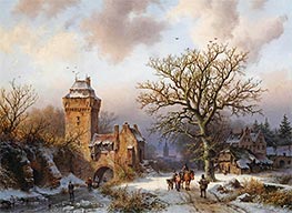 A Winter Landscape with Figures Conversing on a Snowy Path and Skaters on a Frozen Canal at the Entrance of a Fortified Tower, 1856 by Barend Cornelius Koekkoek | Painting Reproduction