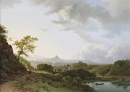 Panoramische Sommerlandschaft mit Reisenden und einer Burgruine in der Ferne | Barend Cornelius Koekkoek | Gemälde Reproduktion