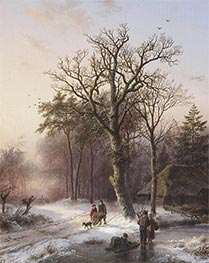 Winterlandschaft mit Figuren auf einem Weg und Figuren mit einem Schlitten auf dem Eis | Barend Cornelius Koekkoek | Gemälde Reproduktion