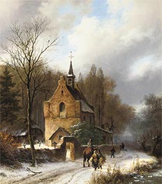 Winterlandschaft mit einer Kapelle, einem Reiter und Reisenden auf einem Pfad | Barend Cornelius Koekkoek | Gemälde Reproduktion