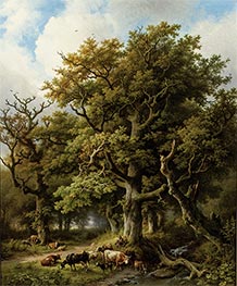 Bewaldete Landschaft mit einem Hirten und seinem Vieh, der unter einer Eiche ruht | Barend Cornelius Koekkoek | Gemälde Reproduktion