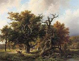 Bewaldete Landschaft mit einem Angler und grasenden Rindern, 1855 von Barend Cornelius Koekkoek | Gemälde-Reproduktion