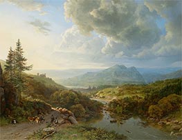 Figuren und Kühe in bergiger Landschaft | Barend Cornelius Koekkoek | Gemälde Reproduktion