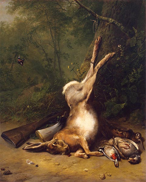 Stilleben mit Hasen, 1844 | Barend Cornelius Koekkoek | Gemälde Reproduktion