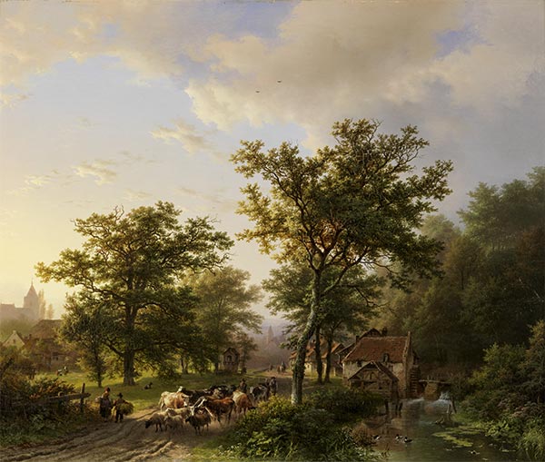 Landscape with Watermill and Cattle Farmers, 1852 | Barend Cornelius Koekkoek | Painting Reproduction