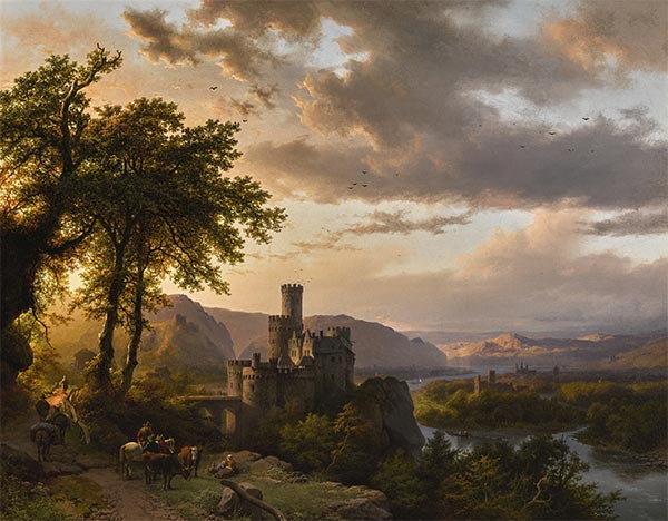 Eine hügelige Landschaft mit Schloss und Reisenden auf einem Weg, 1855 | Barend Cornelius Koekkoek | Gemälde Reproduktion