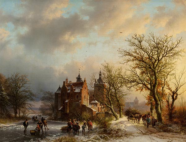 Winter Landscape with Wood Gatherers and Skaters, 1854 | Barend Cornelius Koekkoek | Painting Reproduction