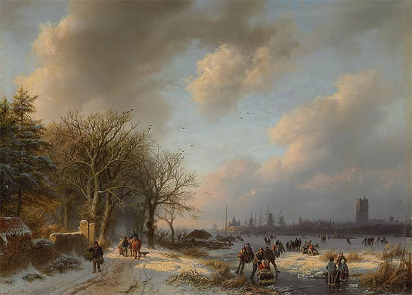 Skaters on a Waterway with a Koek-en-Zopie Beyond, 1854 | Barend Cornelius Koekkoek | Painting Reproduction
