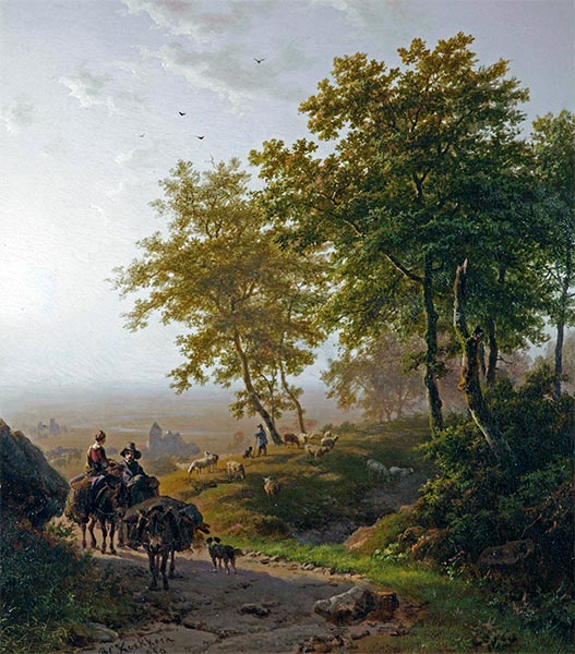 Sommerlandschaft mit Reisenden und einem Hirten mit seiner Herde, 1850 | Barend Cornelius Koekkoek | Gemälde Reproduktion