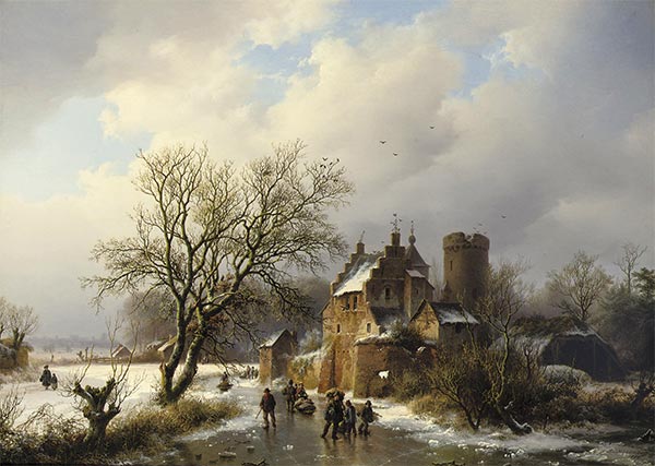 Skaters on the Ice in a Wooded Landscape, 1846 | Barend Cornelius Koekkoek | Painting Reproduction