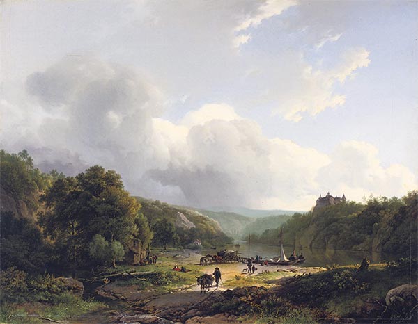 Entladen des Lastkahns in einer hügeligen Landschaft, 1831 | Barend Cornelius Koekkoek | Gemälde Reproduktion