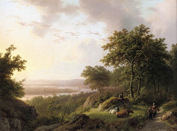 Sonnenuntergang über einer rheinischen Landschaft mit Reisenden auf einem bewaldeten Pfad | Barend Cornelius Koekkoek | Gemälde Reproduktion