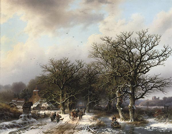 Dorfbewohner auf einem bewaldeten Weg in der Nähe eines schneebedeckten Dorfes, 1855 | Barend Cornelius Koekkoek | Gemälde Reproduktion
