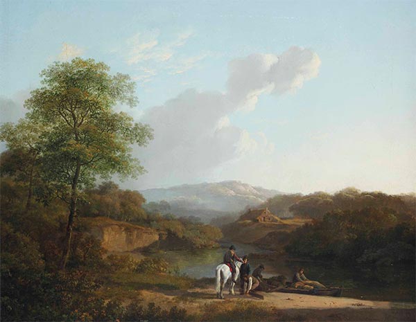 Ein Reiter und Kaufleute, die sich in der Nähe eines Flusses unterhalten, 1825 | Barend Cornelius Koekkoek | Gemälde Reproduktion