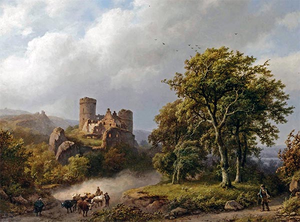 Figuren und Vieh auf einem Pfad in einer bewaldeten Landschaft mit einer Burgruine im Hintergrund | Barend Cornelius Koekkoek | Gemälde Reproduktion