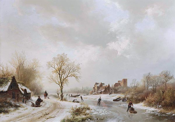 Winterlandschaft mit Figuren auf einem Weg und Schlittschuhläufern auf einem zugefrorenen Wasserweg, 1838 | Barend Cornelius Koekkoek | Gemälde Reproduktion