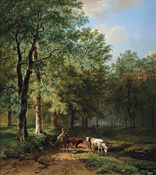 Bewaldete Landschaft mit Reisenden, die sich auf einem sonnenbeschienenen Weg ausruhen, 1830 | Barend Cornelius Koekkoek | Gemälde Reproduktion