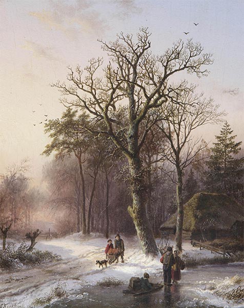 Winterlandschaft mit Figuren auf einem Weg und Figuren mit einem Schlitten auf dem Eis, 1842 | Barend Cornelius Koekkoek | Gemälde Reproduktion