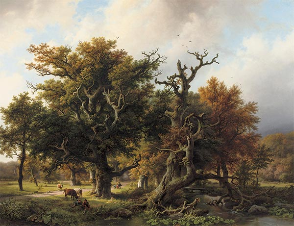 A Wooded Landscape with an Angler and Cattle Grazing, 1855 | Barend Cornelius Koekkoek | Painting Reproduction