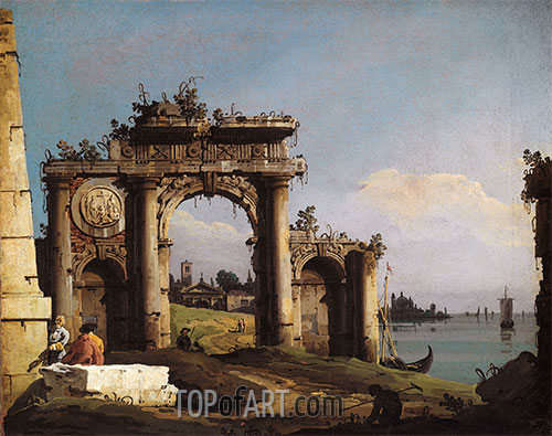 Capriccio with a Triumphal Arch on the Banks of the Lagoon, c.1743 | Bernardo Bellotto | Painting Reproduction