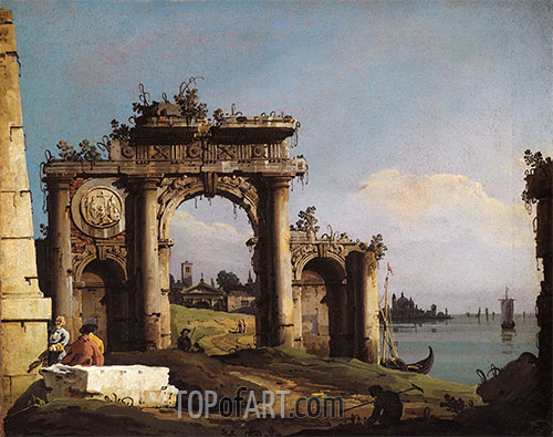 Capriccio with a Triumphal Arch on the Banks of the Lagoon | Bernardo Bellotto | Painting Reproduction