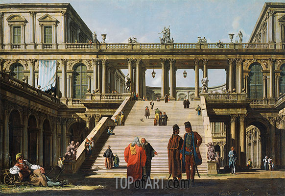 Architektonische Fantasie mit einem Palast-Treppenhaus, 1762 | Bernardo Bellotto | Gemälde Reproduktion