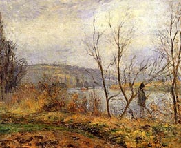 The Banks of the Oise, Pontoise (Man Fishing), 1878 by Pissarro | Painting Reproduction