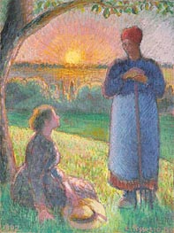 Paysannes Causant, Soleil Couchant, Eragny , 1892 by Pissarro | Painting Reproduction