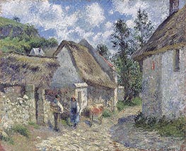 Rue des Roches in Valhermeil in Auvers-sur-Oise, Cottages and Cow | Pissarro | Painting Reproduction