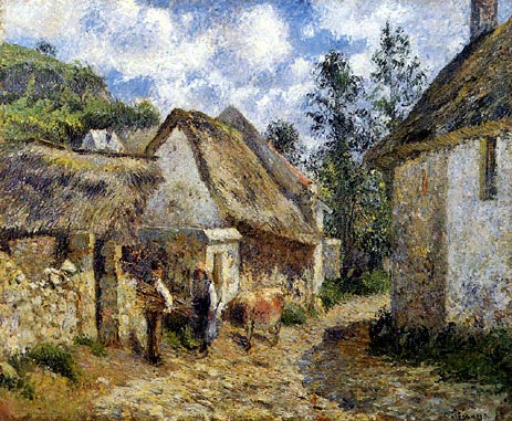 A Street in Auvers (Thatched Cottages and a Cow), 1880 by Pissarro | Painting Reproduction