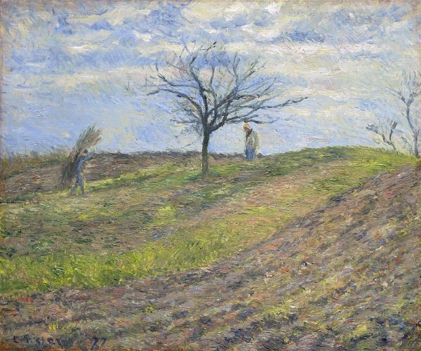 Ackerland im Winter, ein Mann mit Reisigbündeln, 1877 | Pissarro