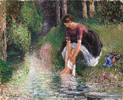 Frau, die ihre Füße in einem Bach wäscht | Pissarro | Gemälde Reproduktion