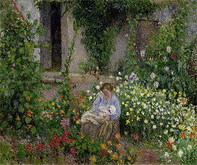 Mother and Child in the Flowers, 1879 | Pissarro | Gemälde Reproduktion