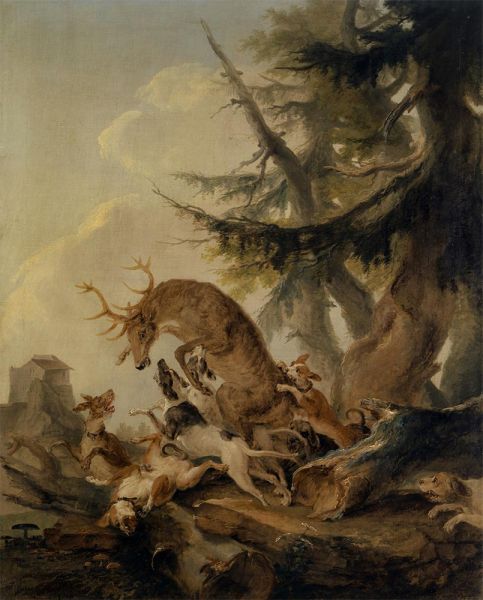 Hirsch, von einem Rudel Hunde angegriffen, 1772 von Caspar Wolf | Gemälde-Reproduktion