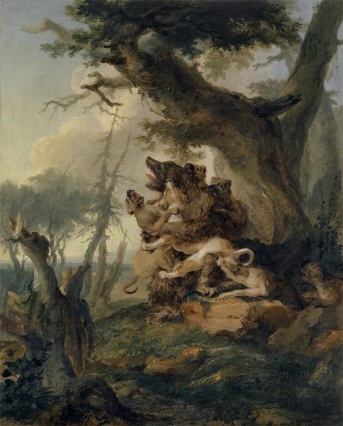 Bär, von einem Rudel Hunde angegriffen, 1772 von Caspar Wolf | Gemälde-Reproduktion