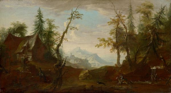 Bauernhaus an einer Waldlichtung mit Reitern, c.1765/68 | Caspar Wolf | Gemälde Reproduktion