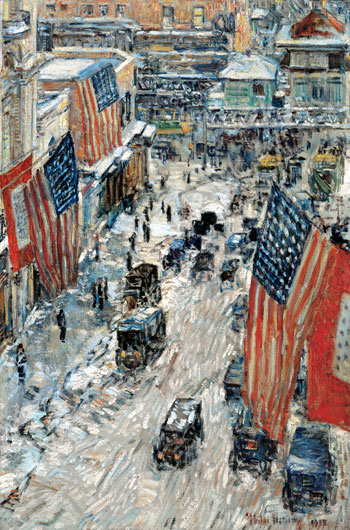 Flags on Fifty-seventh Street, The Winter of 1918, 1918 | Hassam | Painting Reproduction