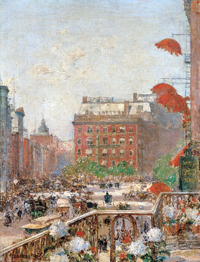 View of Broadway and Fifth Avenue, 1890 by Hassam | Painting Reproduction