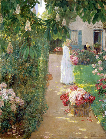 Gathering Flowers in a French Garden, 1888 | Hassam | Painting Reproduction