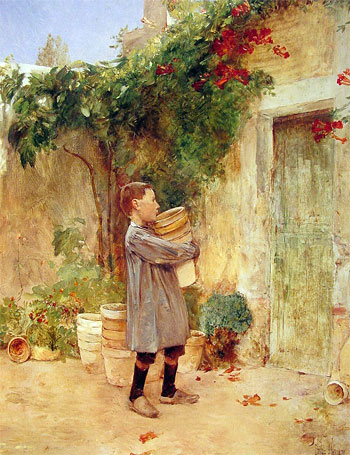 Boy with Flower Pots, 1888 | Hassam | Painting Reproduction