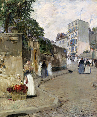 Rue Montmartre, Paris, c.1888 | Hassam | Painting Reproduction