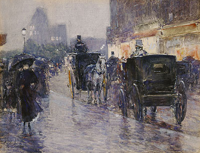 Horse Drawn Cabs at Evening, New York, c.1890 | Hassam | Gemälde Reproduktion