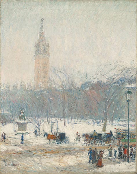 Schneesturm, Madison Square, c.1890 | Hassam | Gemälde Reproduktion