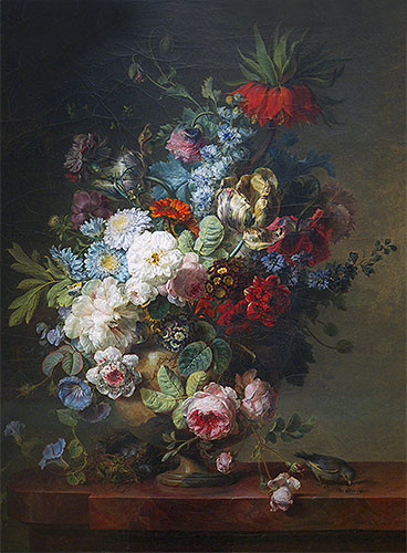 Vase of Flowers on a Stone Table with a Nest and a Greenfinch, 1789 | Cornelis van Spaendonck | Gemälde Reproduktion