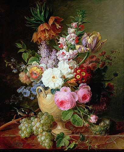 Still Life with Flowers and Grapes, 1824 | Cornelis van Spaendonck | Painting Reproduction