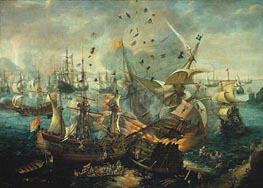 The Explosion of the Spanish Flagship during the Battle of Gibraltar, 25 april 1607, c.1621 by van Wieringen | Painting Reproduction