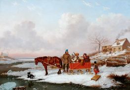 Habitant Sleigh, View near the Canada Line, c.1847 by Cornelius Krieghoff | Painting Reproduction