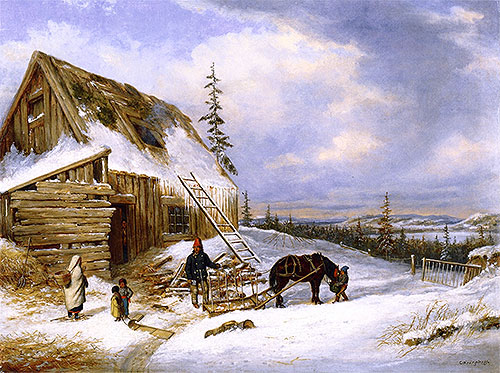 Log Cabin, Winter Scene, Lake St. Charles, c.1862 | Cornelius Krieghoff | Gemälde Reproduktion