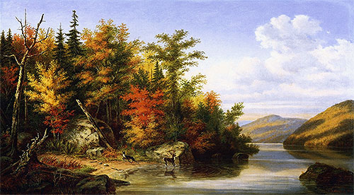 Landscape with Deer and Doe, 1862 | Cornelius Krieghoff | Gemälde Reproduktion